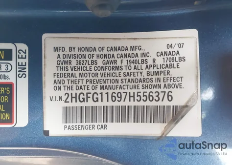 2007 Honda Civic Lx из США, поврежденный, VIN 2HGFG11697H556376